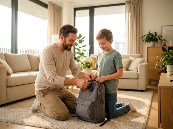 QCOQ premium family — parent clipping tracker on child's backpack in sunlit home