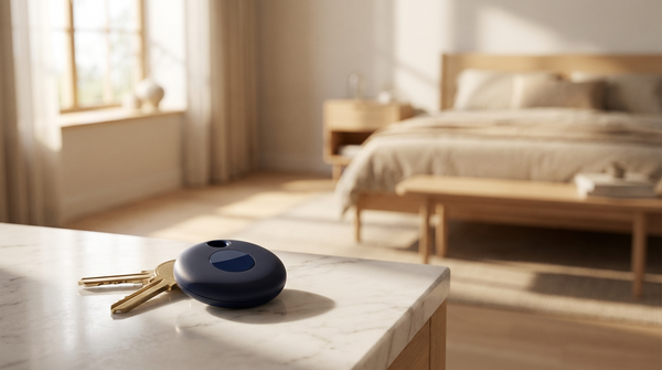 QCOQ premium hero — navy blue tracker on marble with brass keys in Scandinavian interior