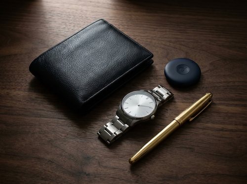 QCOQ premium essentials — navy tracker in leather wallet flat lay with watch and pen